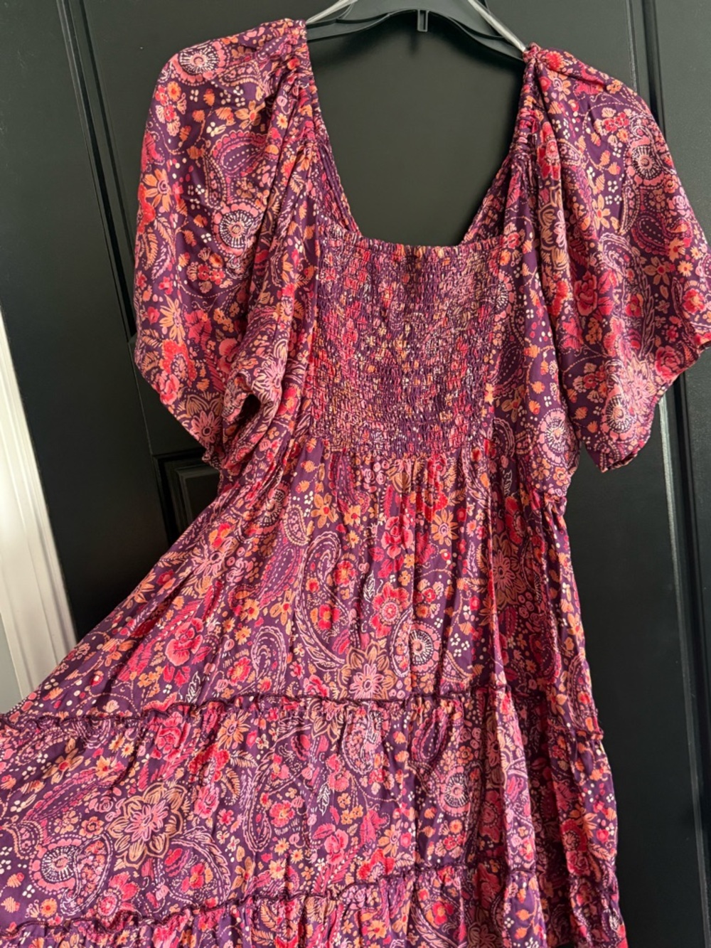 Angie Paisley-Print Flutter Sleeve Midi Dress in Burgundy and Pink - Picture 5 of 5